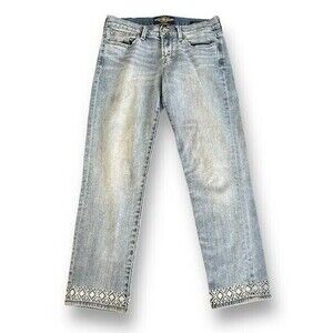 Lucky Jeans Women's 6/28 Medium Wash Blue Cropped Embroidered Hem Statement Boho